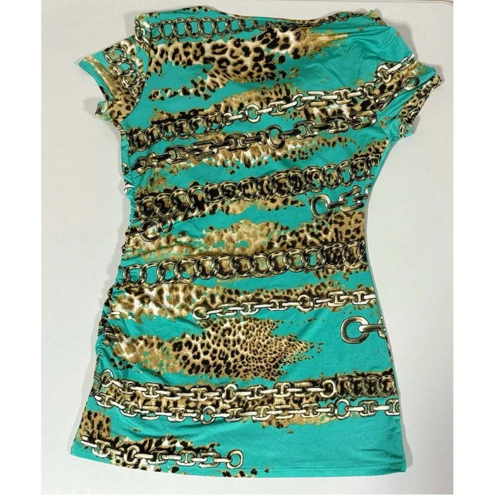 Teal Leopard Cheetah Print Gold Chainlink Ruched Shirt Top Blouse Tee Size XS 🐆✨ - Picture 4 of 5